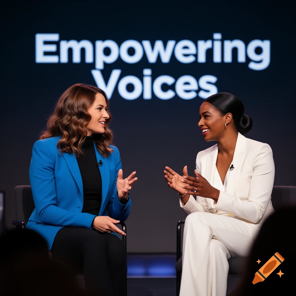 Two women, one in a blue blazer and one in a white suit, sit and talk on a stage with 'Empowering Voices' on a screen.