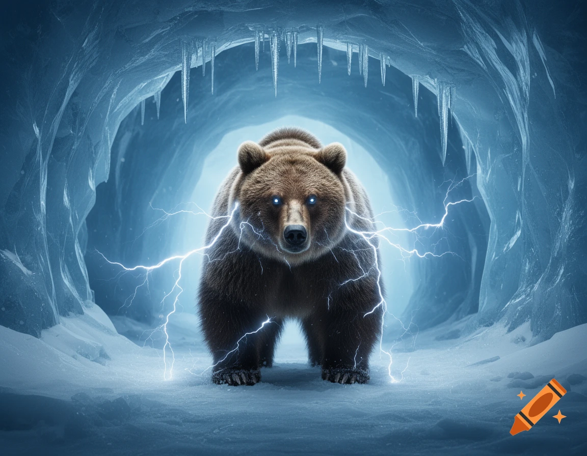 A powerful brown bear with glowing blue eyes stands defiantly in a blue ice cave, surrounded by bolts of bright blue lightning.