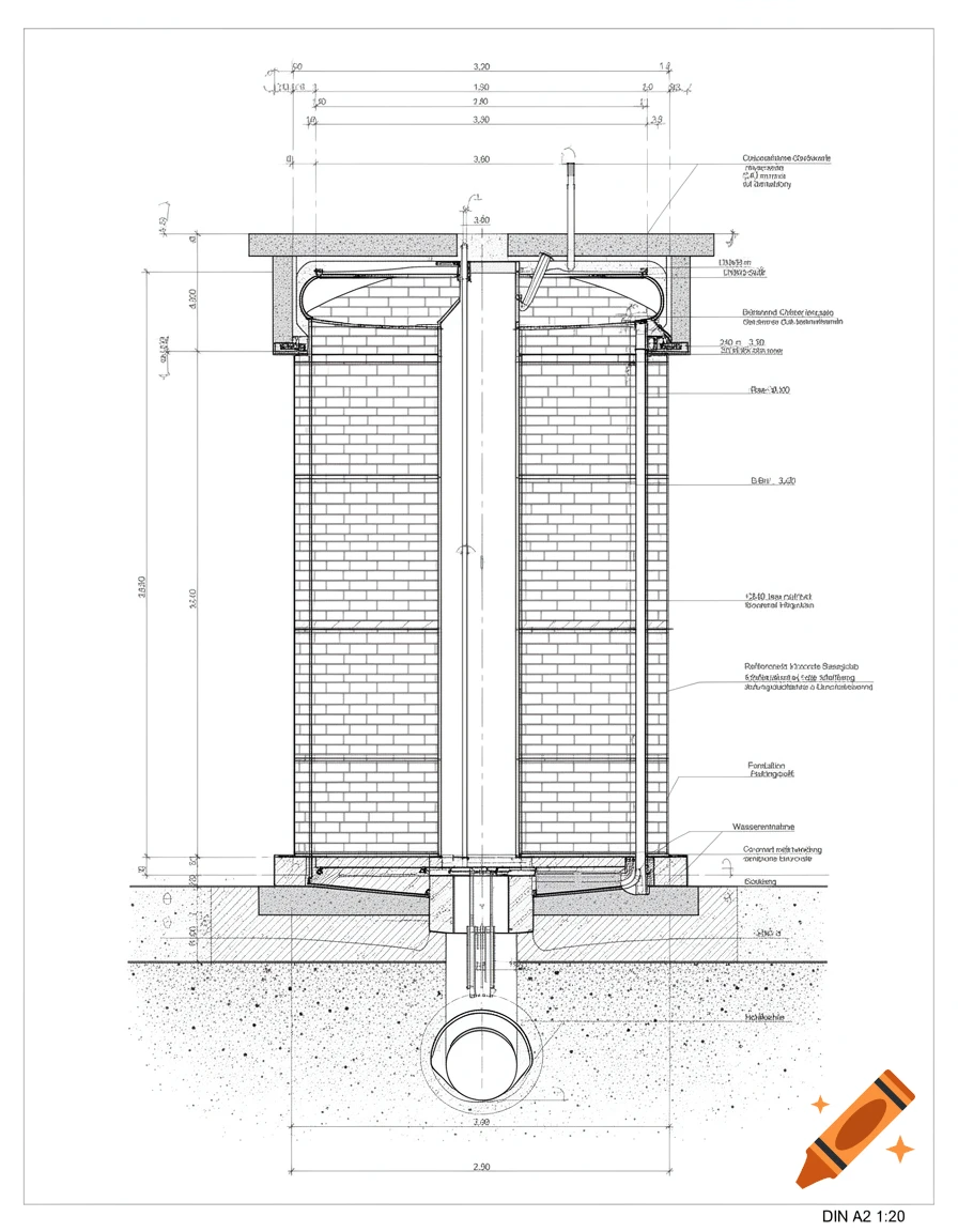 Technical cross-section drawing of a brick rainwater cistern with dimensions and labels.