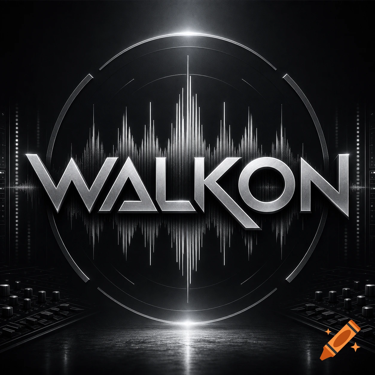 Metallic silver 'WALKON' logo with a prominent sound wave graphic, set against a dark background with audio equipment.