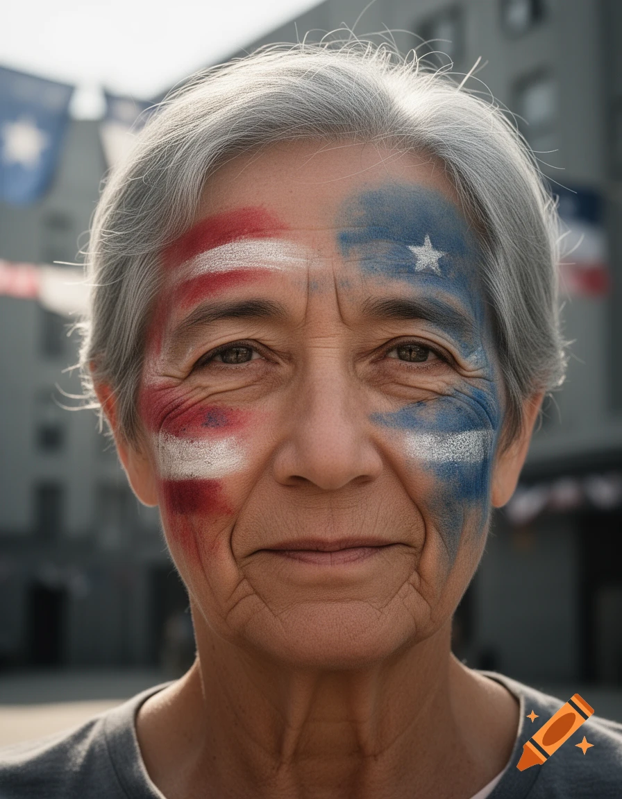 Close-up photorealistic portrait of an older person with grey hair and patriotic red, white, and blue face paint, featuring a white star on their forehead.