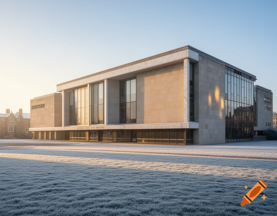 A large modern building with stone walls and glass windows stands on a frosty lawn under a clear winter sunrise.