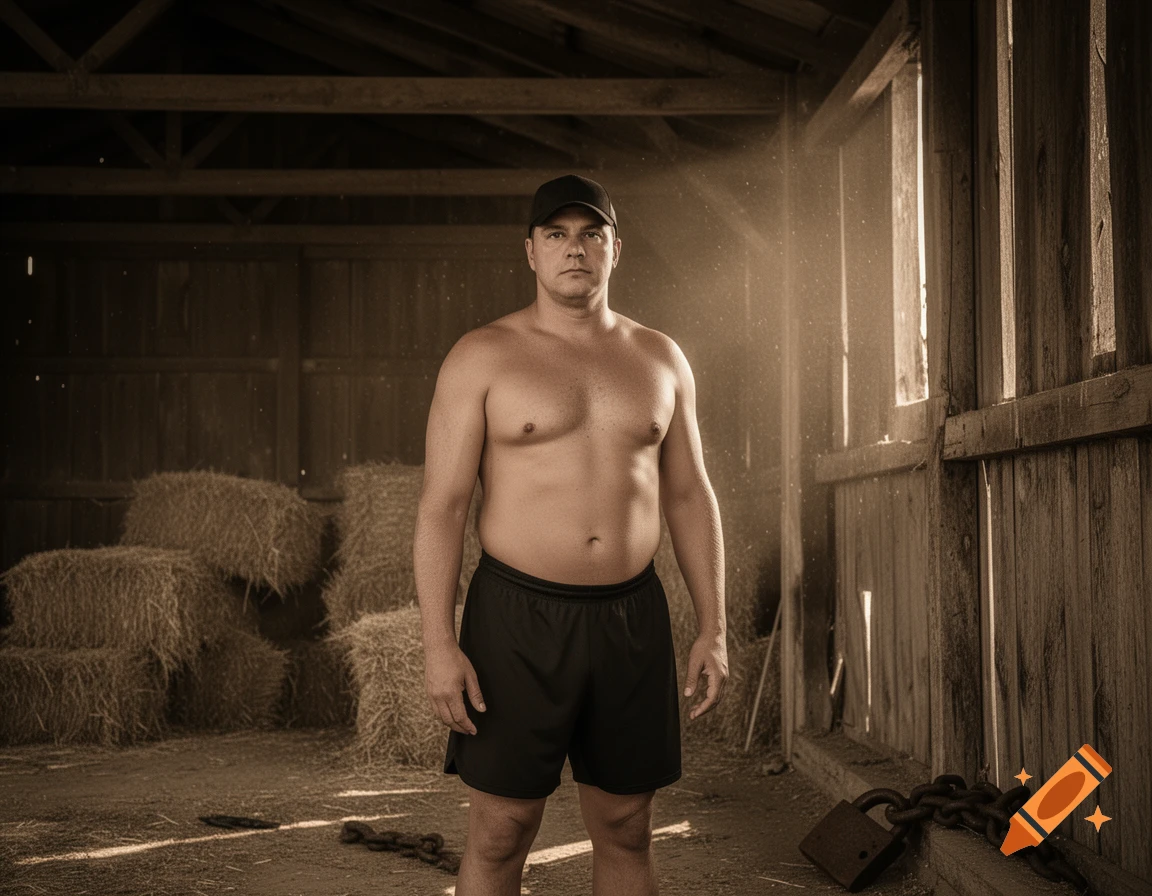 A shirtless, stocky man in a black cap and shorts stands in a dusty, sepia-toned barn with hay bales.