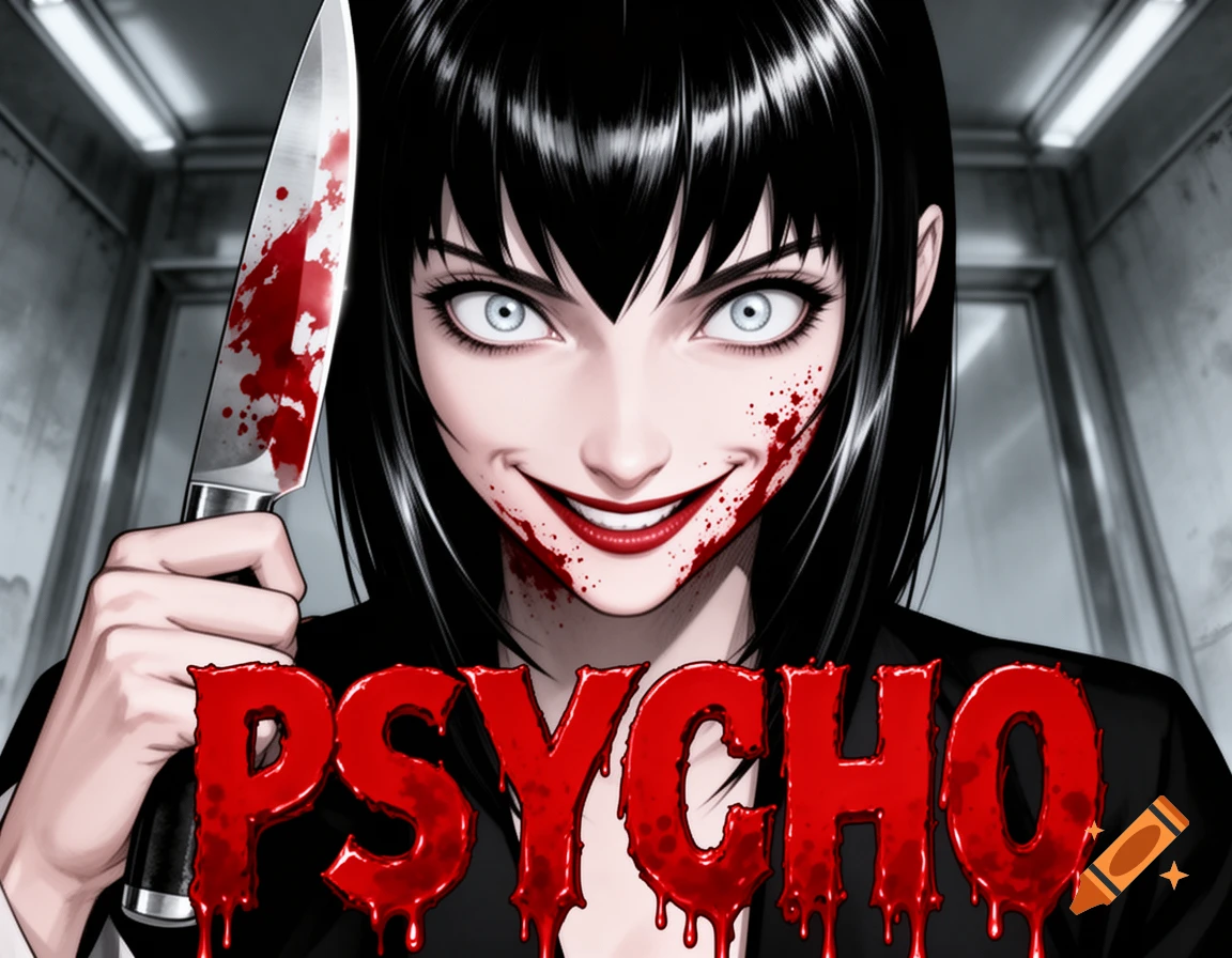 Manga woman with black hair and white eyes, a bloody smile, holding a bloody knife, with dripping red text 'PSYCHO'.