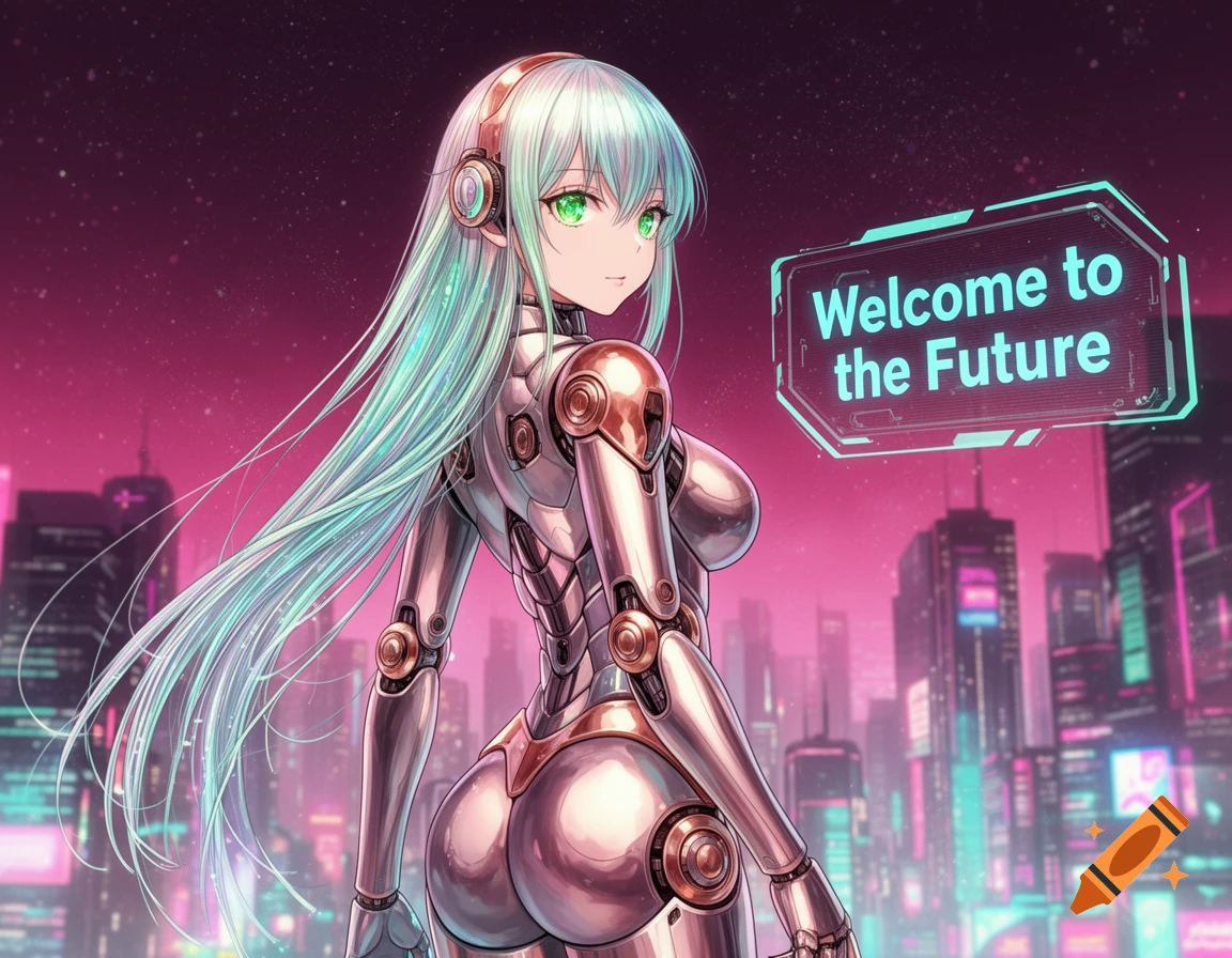 Anime-style robot girl with long light blue hair and green eyes, posing in a neon-lit cyberpunk city with a 'Welcome to the Future' sign.