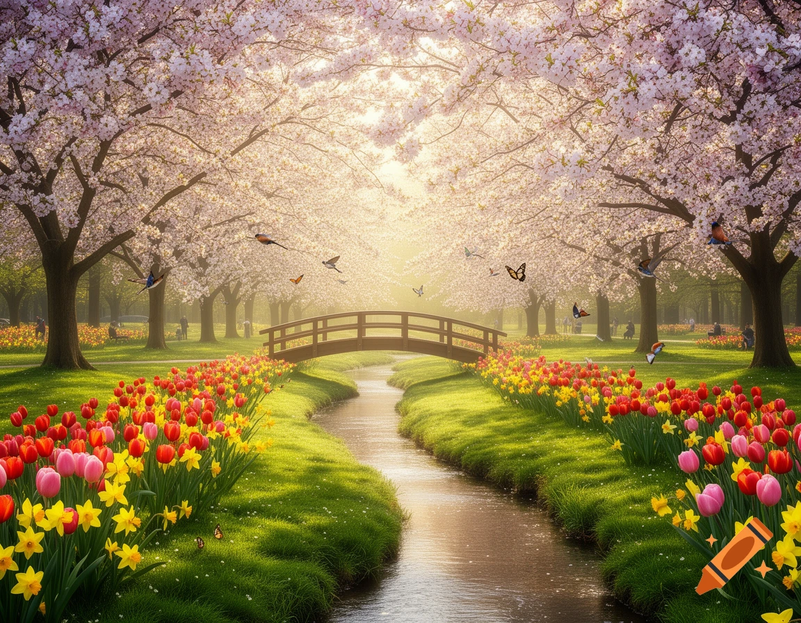 A vibrant spring landscape with cherry blossom trees lining a stream, a wooden bridge, and fields of colorful tulips and daffodils.