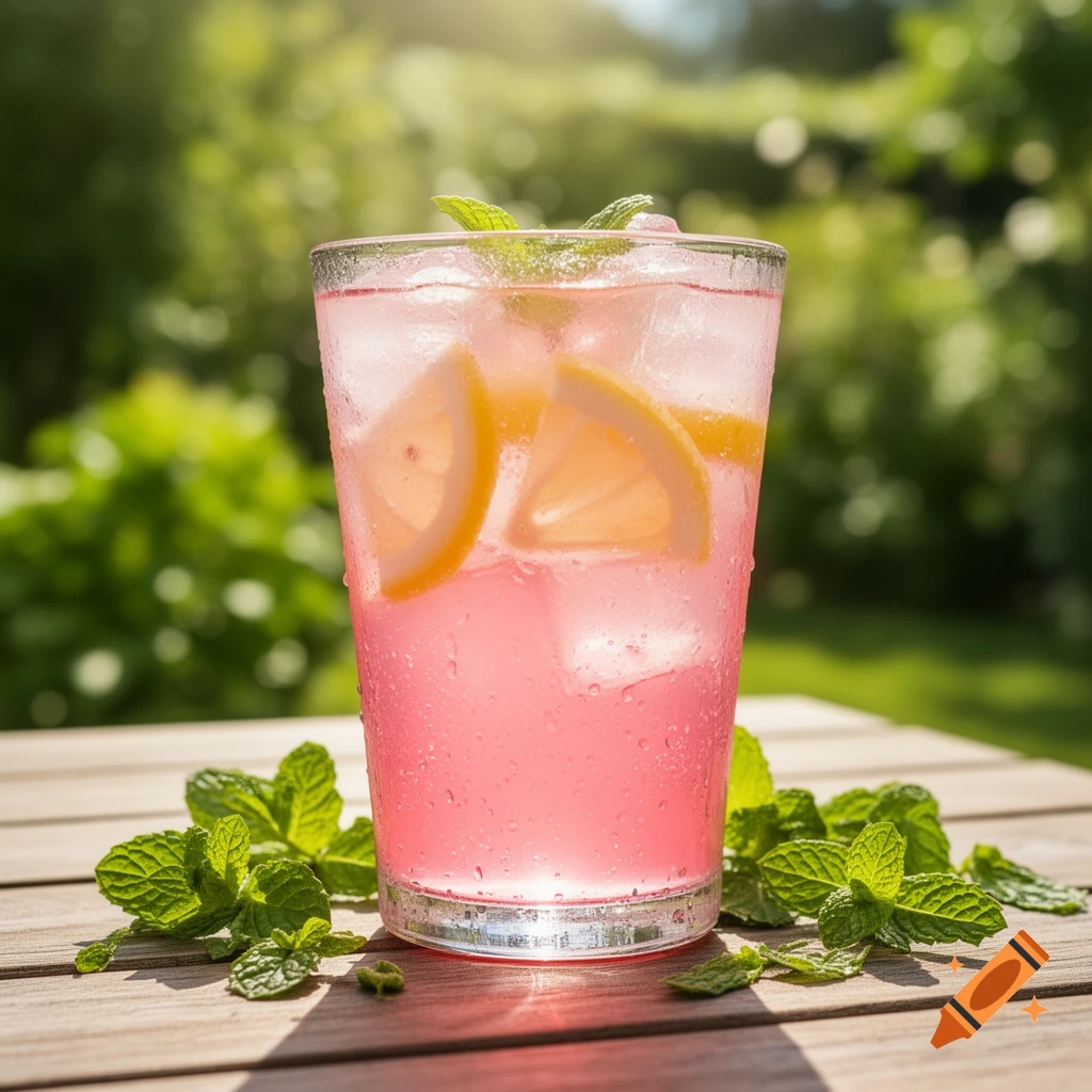 A refreshing glass of pink lemonade with lemon slices, ice, and mint leaves on a wooden table outdoors in sunlight.