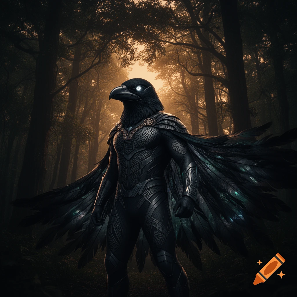 A majestic black bird-like superhero in patterned armor with glowing eyes stands in a dark, atmospheric forest, sunlight filtering through trees.