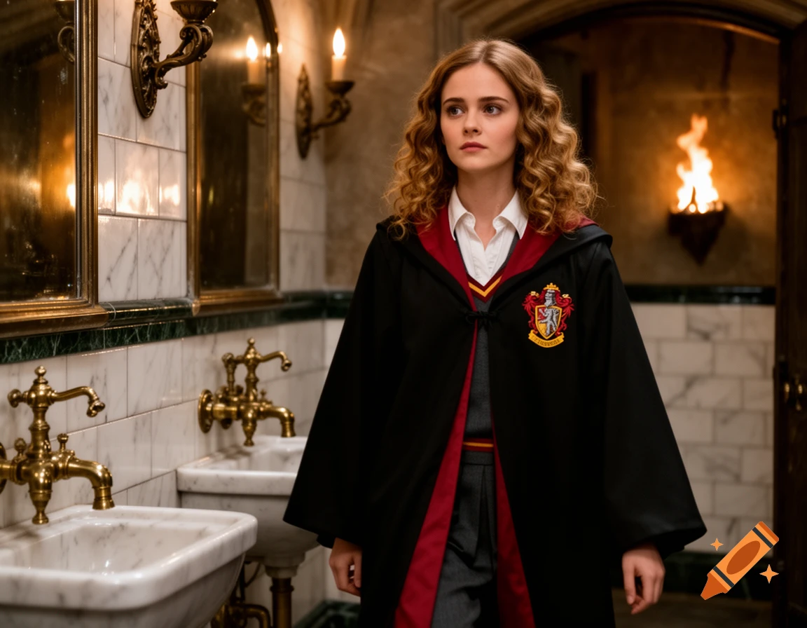 A young woman with curly brown hair in a black and red wizard's robe stands in an ornate, candlelit bathroom.