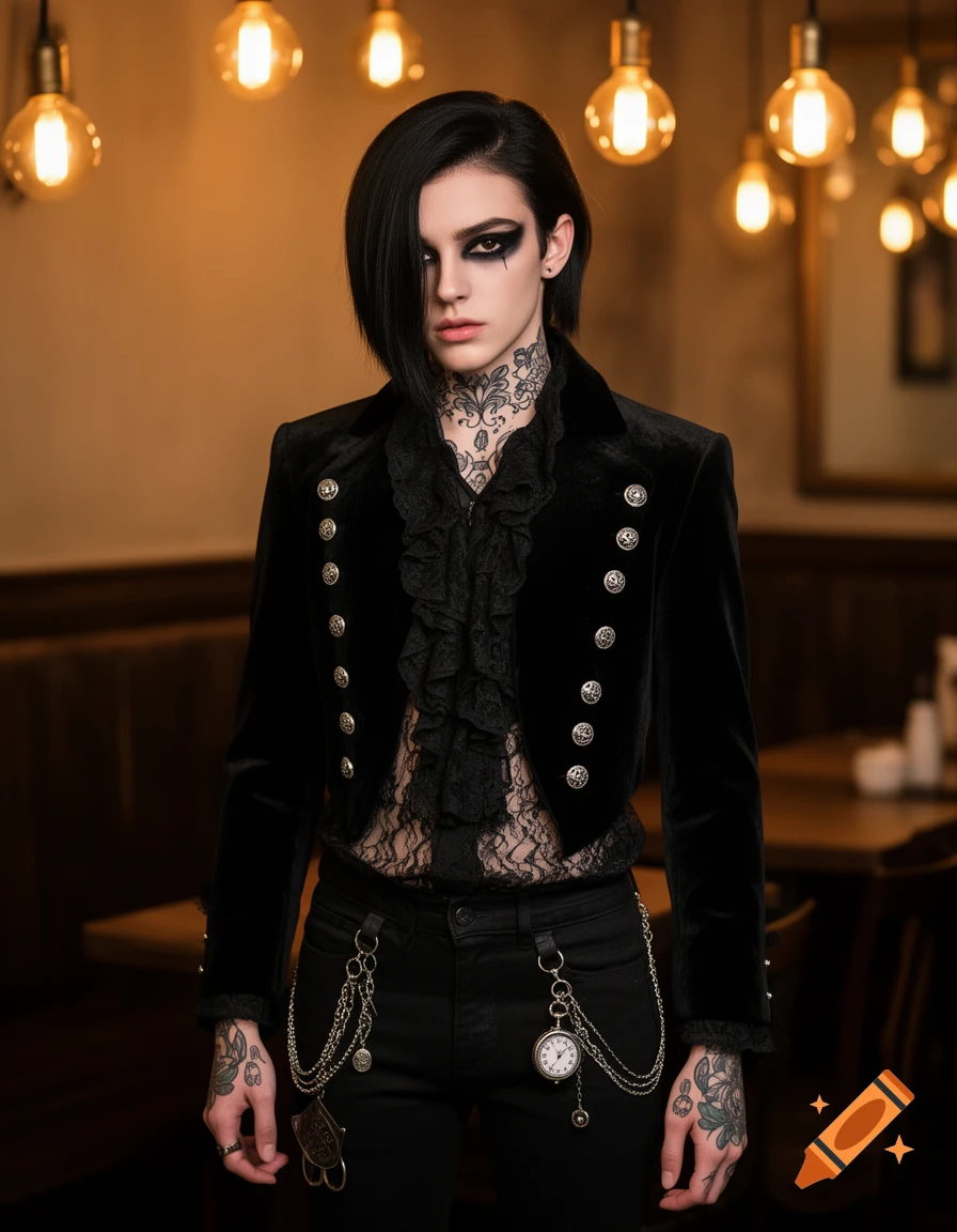 A person with black hair, dark makeup, and neck tattoos wearing a black velvet jacket, lace shirt, and chained pants, standing indoors with glowing Edison bulbs.