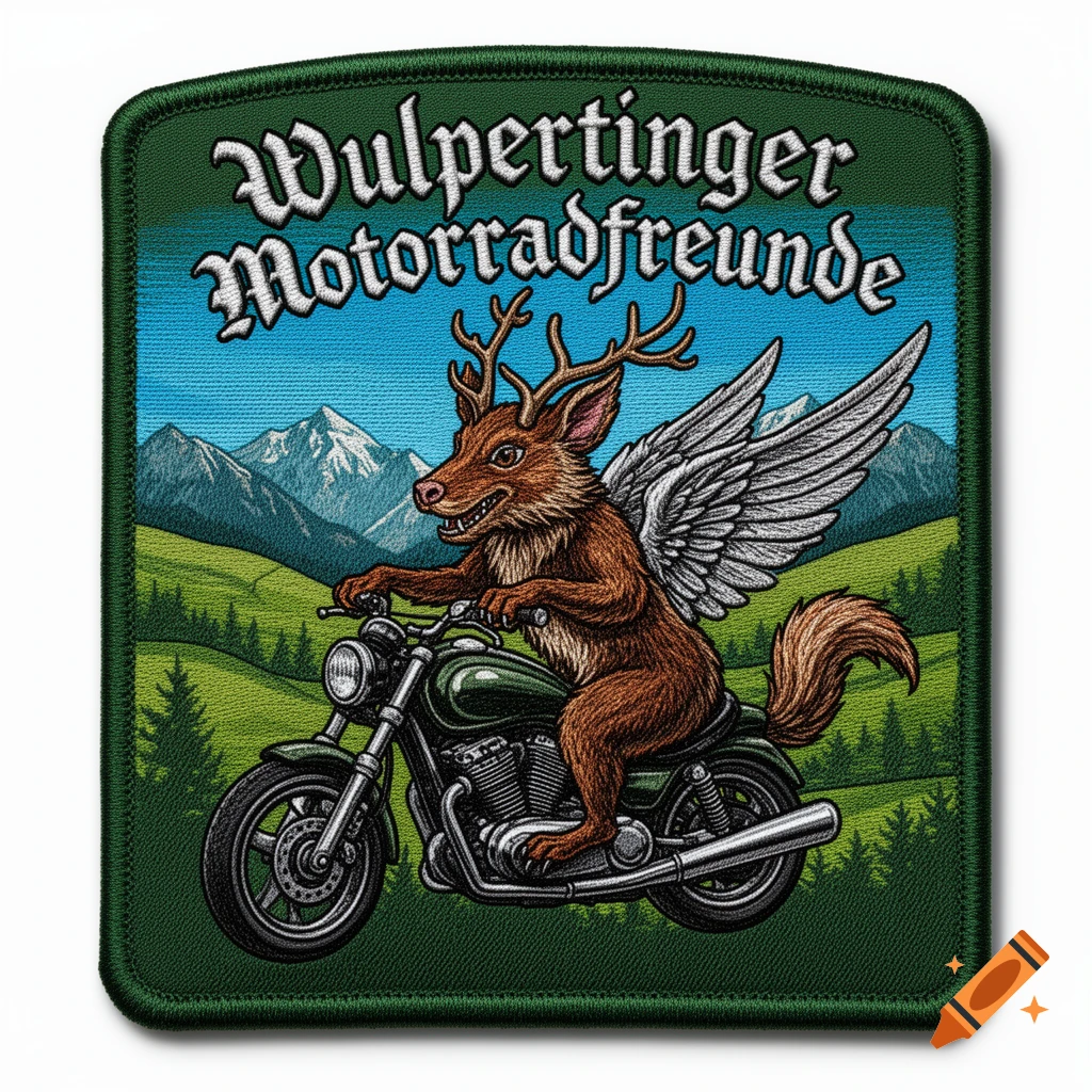 Embroidered patch of a winged, antlered Wulpertinger riding a green motorcycle through a scenic mountain landscape, with "Wulpertinger Motorradfreunde" text.