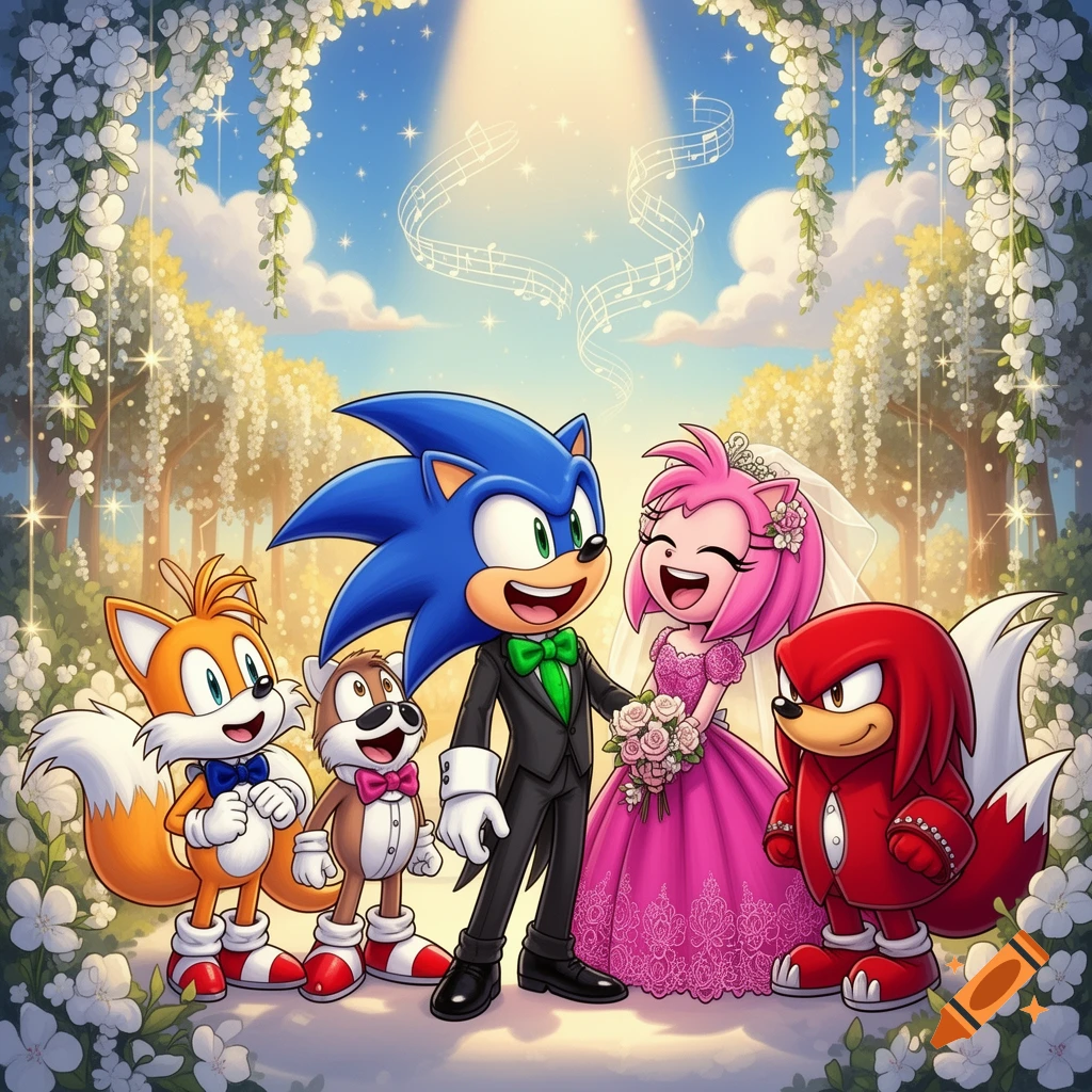 Cartoon wedding of Sonic and Amy with Tails, a squirrel-like character, and Knuckles, in a lush outdoor setting with white flowers.