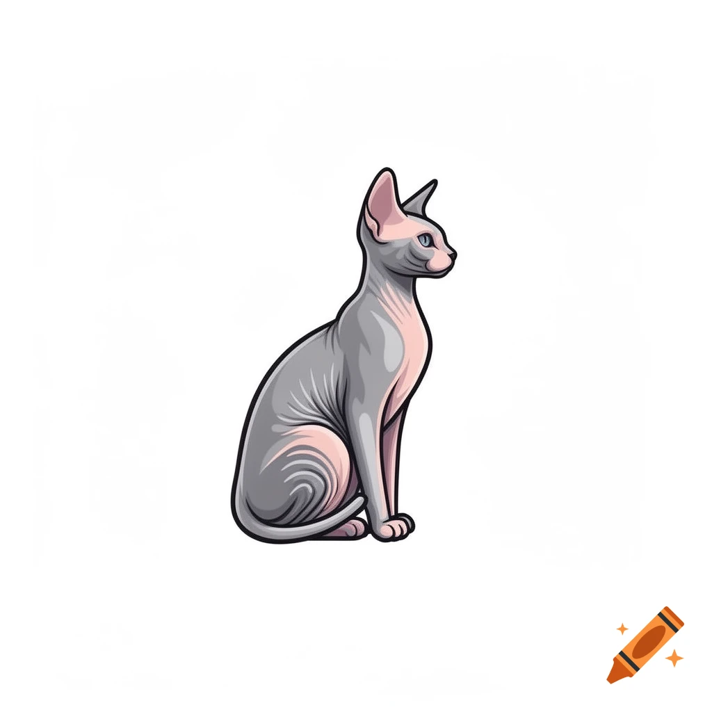 A stylized illustration of a Sphynx cat sitting in profile, looking to the right. It has light grey skin with pink undertones and blue eyes.