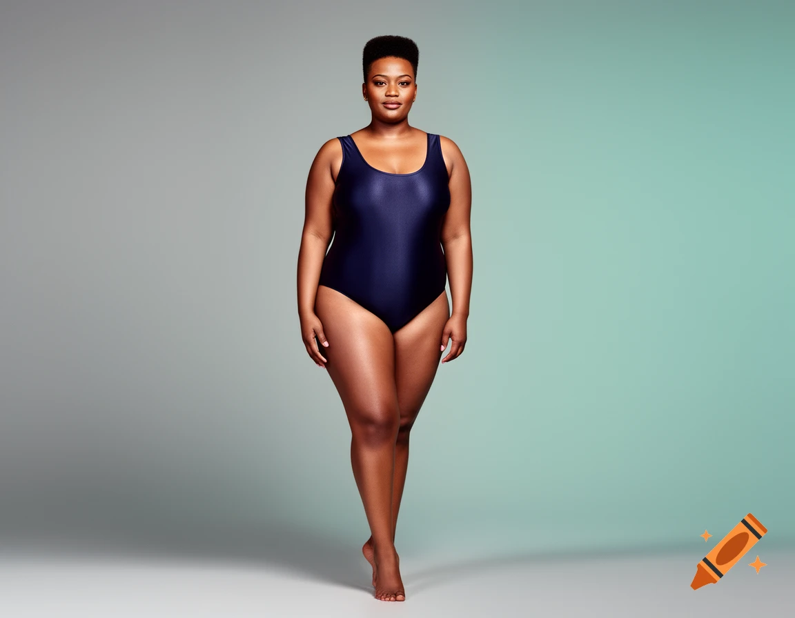 A confident woman in a dark blue one-piece swimsuit stands against a gray and mint green gradient background, looking at the camera.