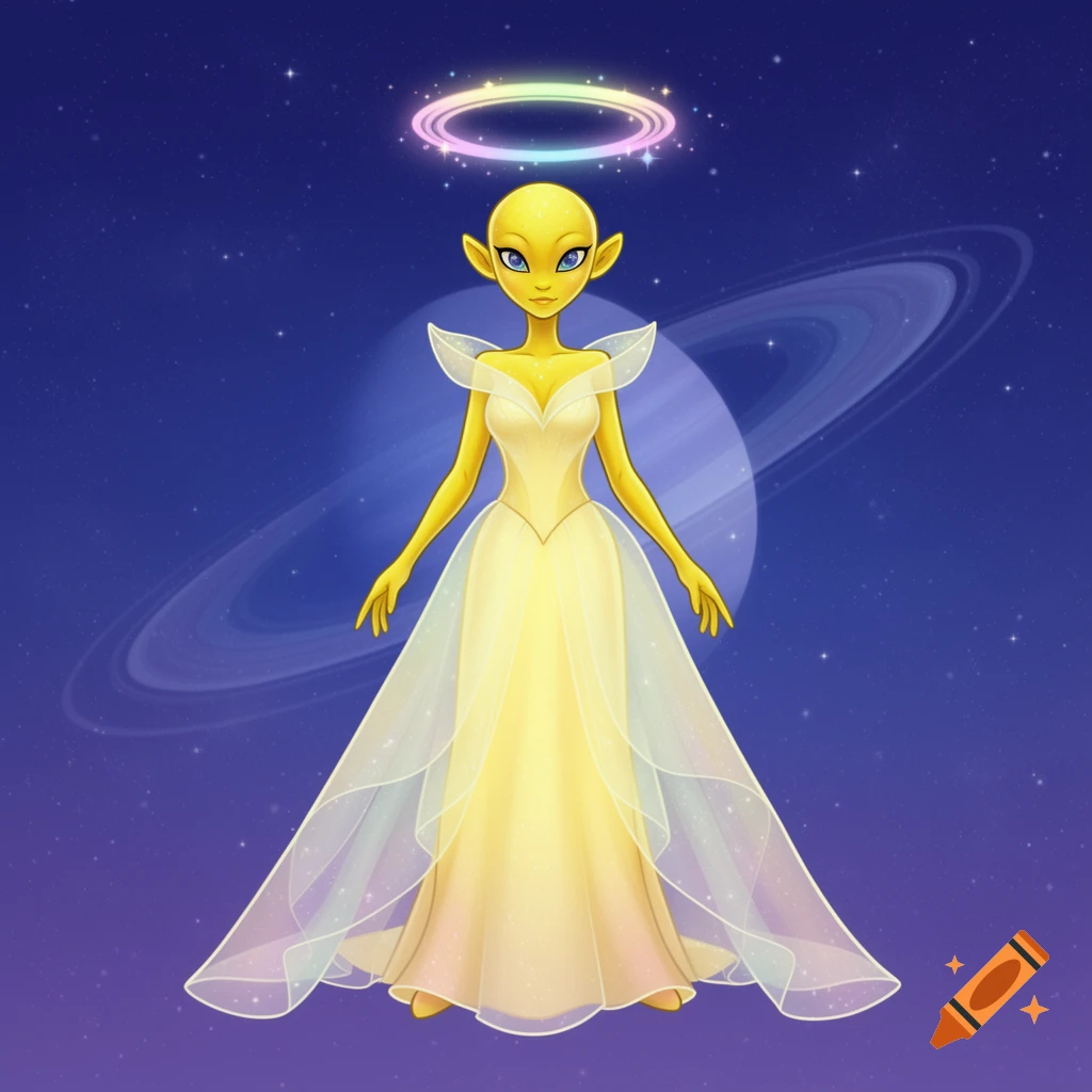 A cartoon yellow alien girl with blue eyes wears a long yellow dress and a rainbow halo, standing in space with Saturn in the background.