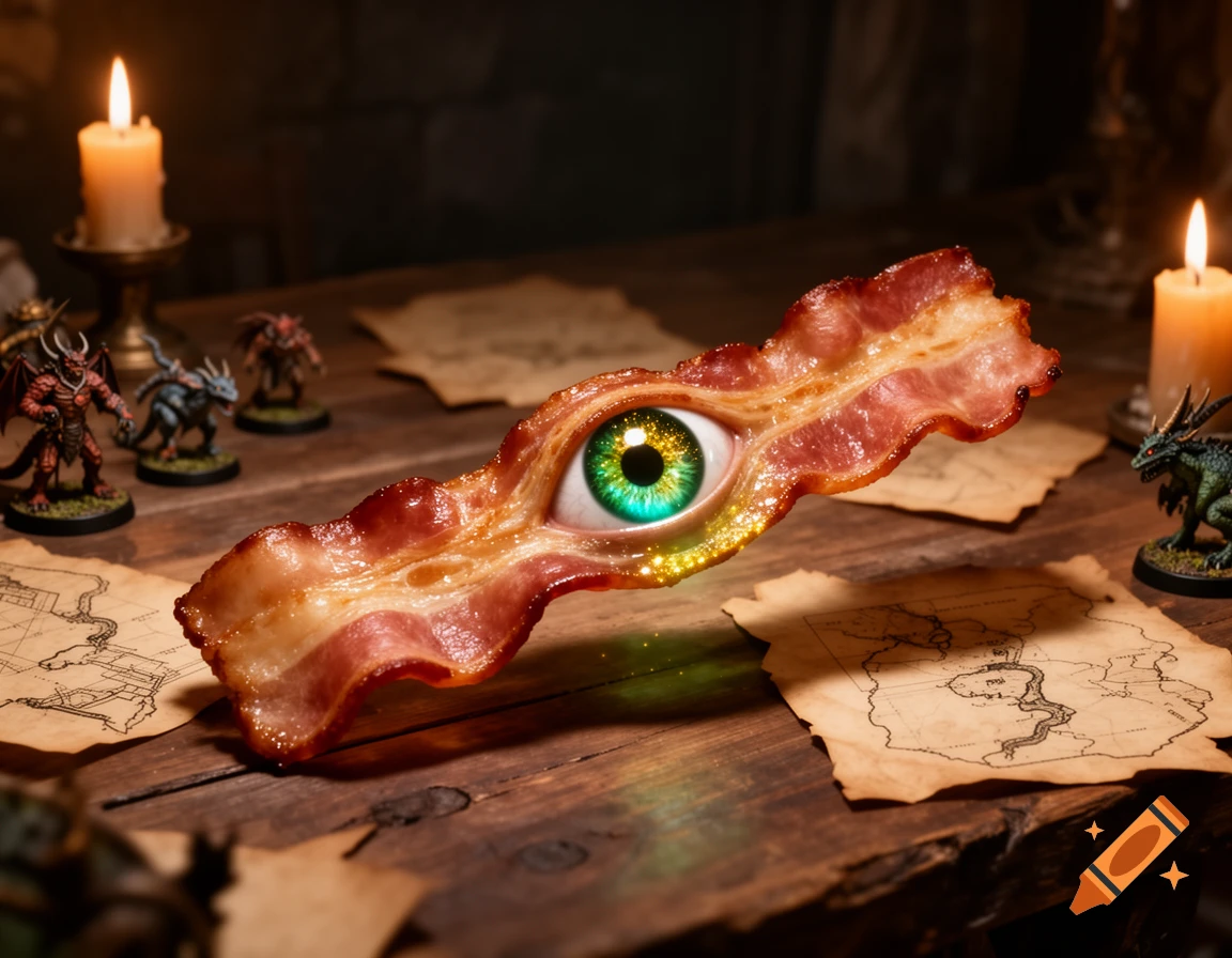 A strip of cooked bacon with a glowing green and gold eye in the center, hovering over a wooden table covered with D&D miniatures, old maps, and lit candles.