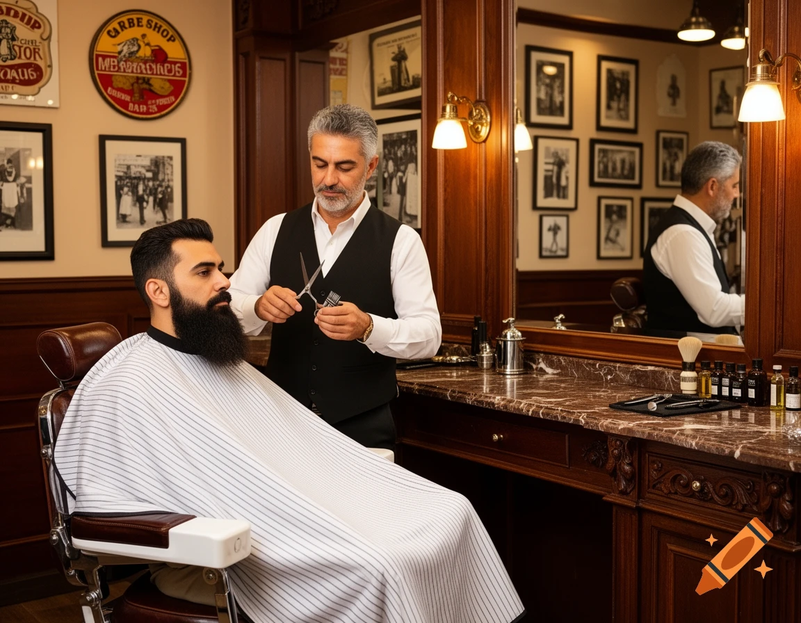 A photorealistic image of a barber trimming a bearded man's hair in a traditional barbershop, with mirrors and wooden decor.