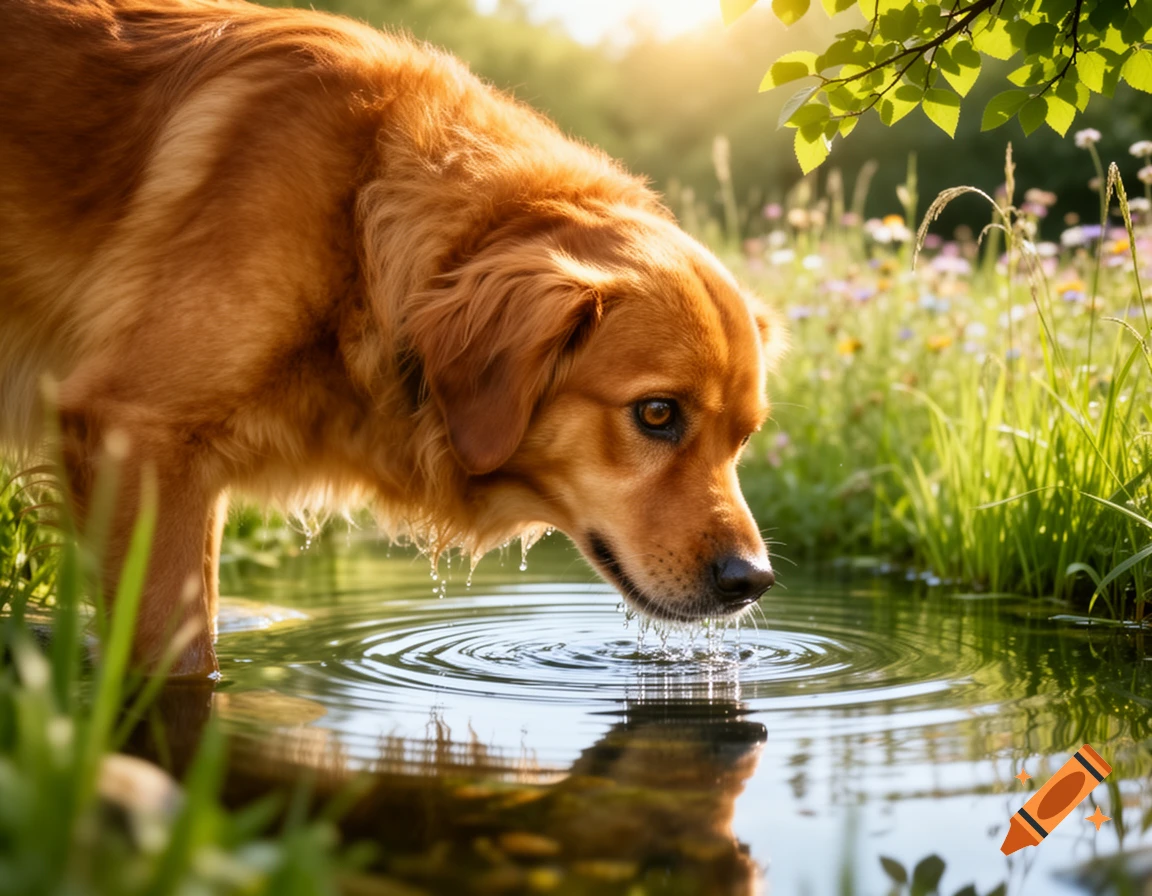 A photorealistic Golden Retriever dog drinks water from a sunny stream in a grassy field, with water dripping from its muzzle.
