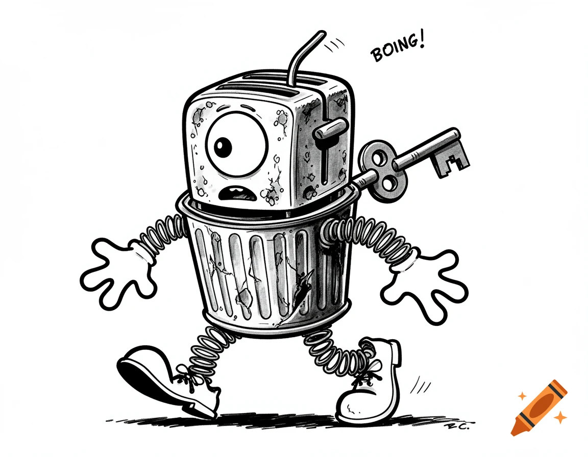Black-and-white cartoon of a confused robot made from a toaster head and trash can body, with slinky limbs, clown shoes, and a wind-up key, stumbling with a glove flying off.