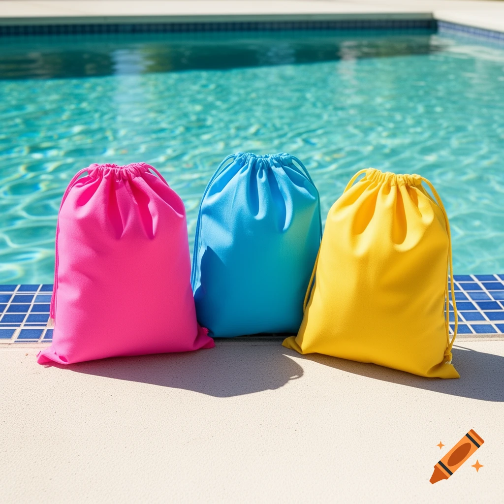 Three colorful pink, blue, and yellow drawstring bags sit by the edge of a bright blue swimming pool on a sunny day.