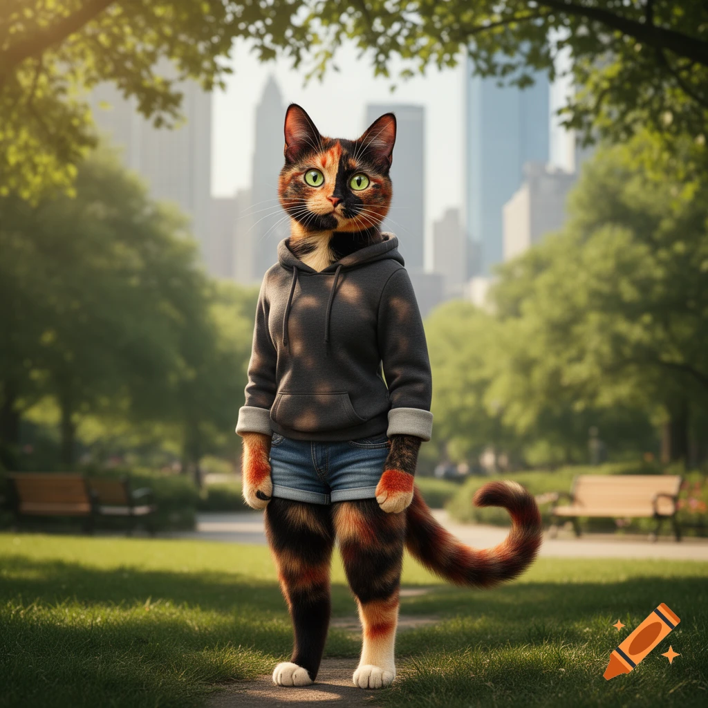 Photorealistic tortoiseshell cat girl in a dark hoodie and denim shorts stands in a park with city buildings in the background.