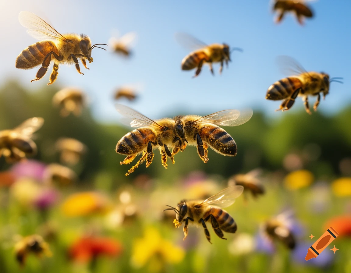 Close-up of numerous honey bees flying in a sunny field with colorful, out-of-focus wildflowers in the background.