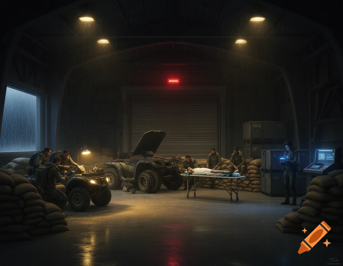 Soldiers in a dark, rainy hangar with ATVs and one injured person on a stretcher. A person stands at a terminal with blue light.