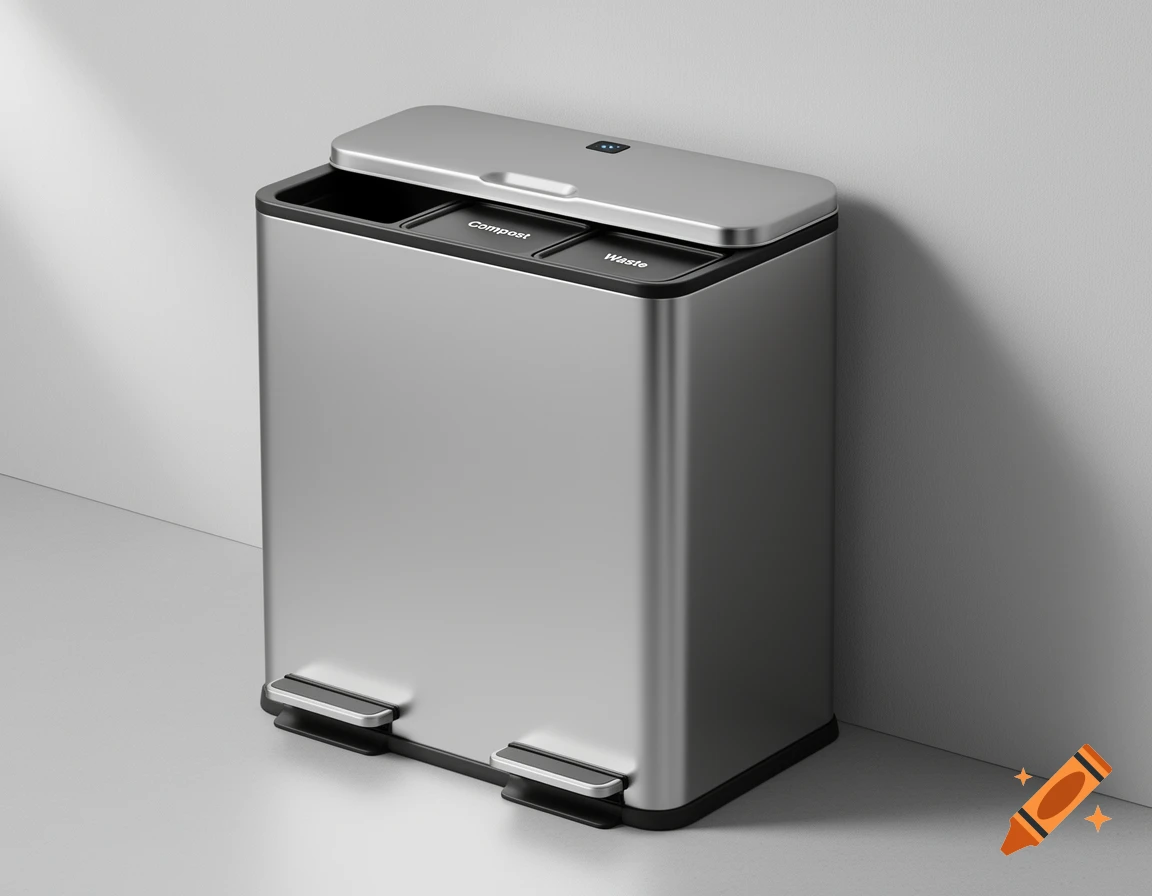 A sleek, tall, rectangular stainless steel waste bin with two compartments, labeled 'Compost' and 'Waste', stands against a white wall.