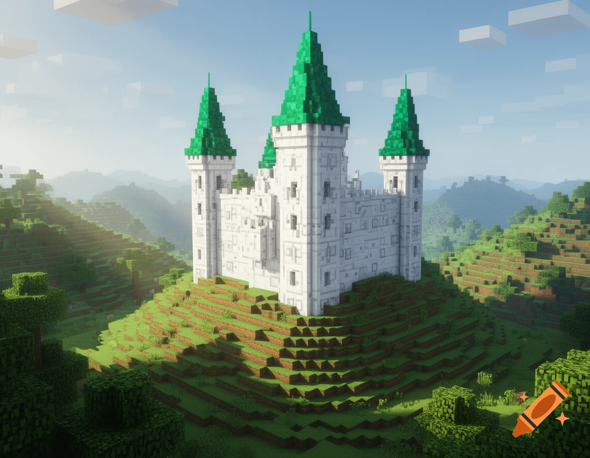 Minecraft-style white castle with four green-roofed towers on a terraced hill amidst green mountains under a bright sky.