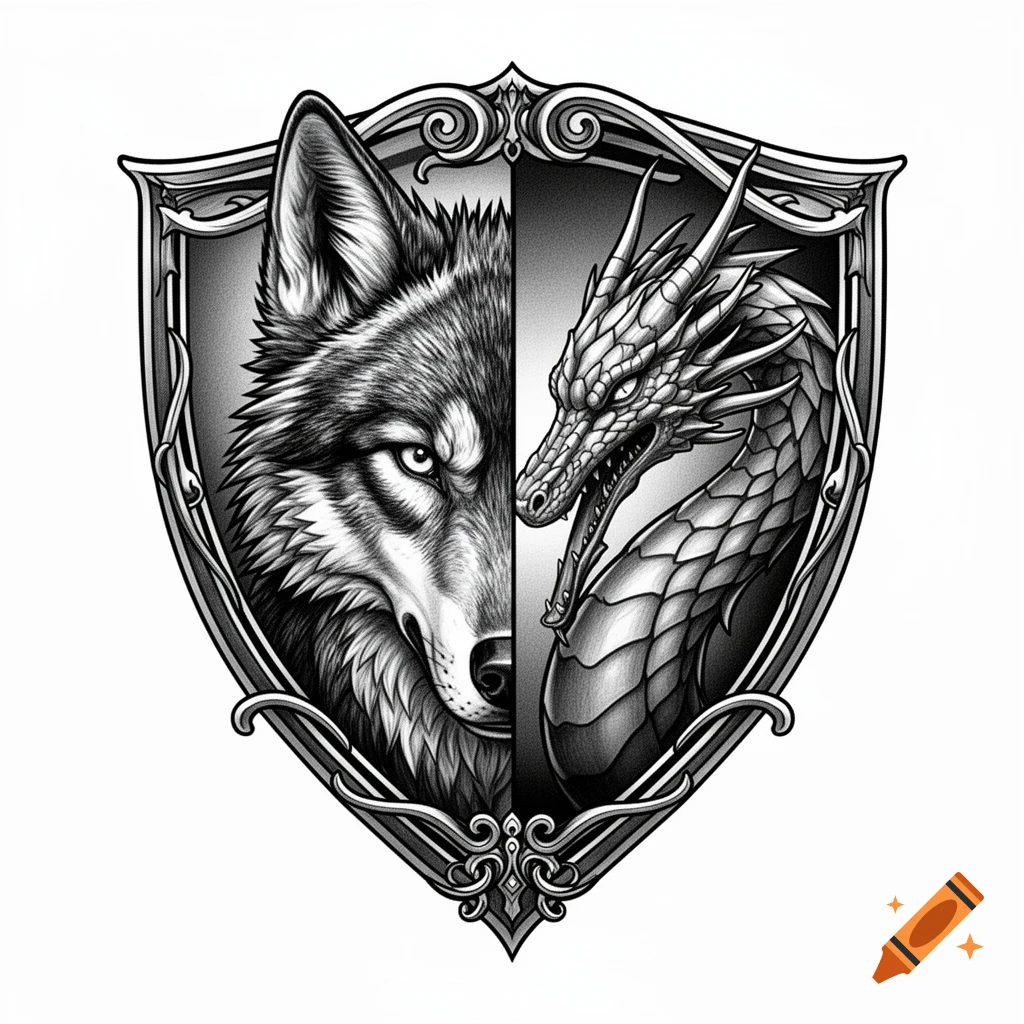 Black and white illustration of a shield emblem featuring a split image of a wolf's head on the left and a dragon's head on the right.