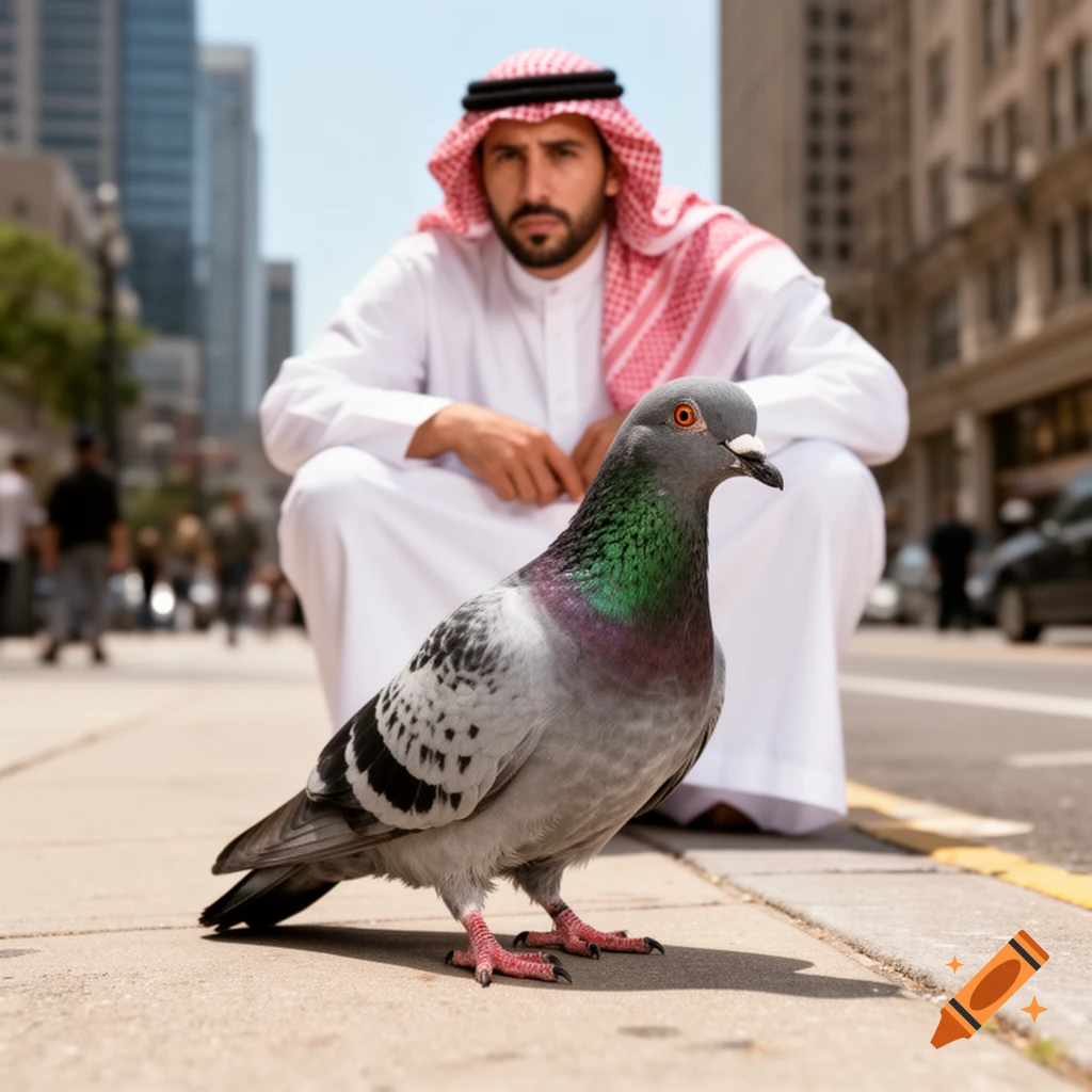 A pigeon stands on a city street, with a man in a white thobe and red keffiyeh squatting behind it in a photorealistic image.