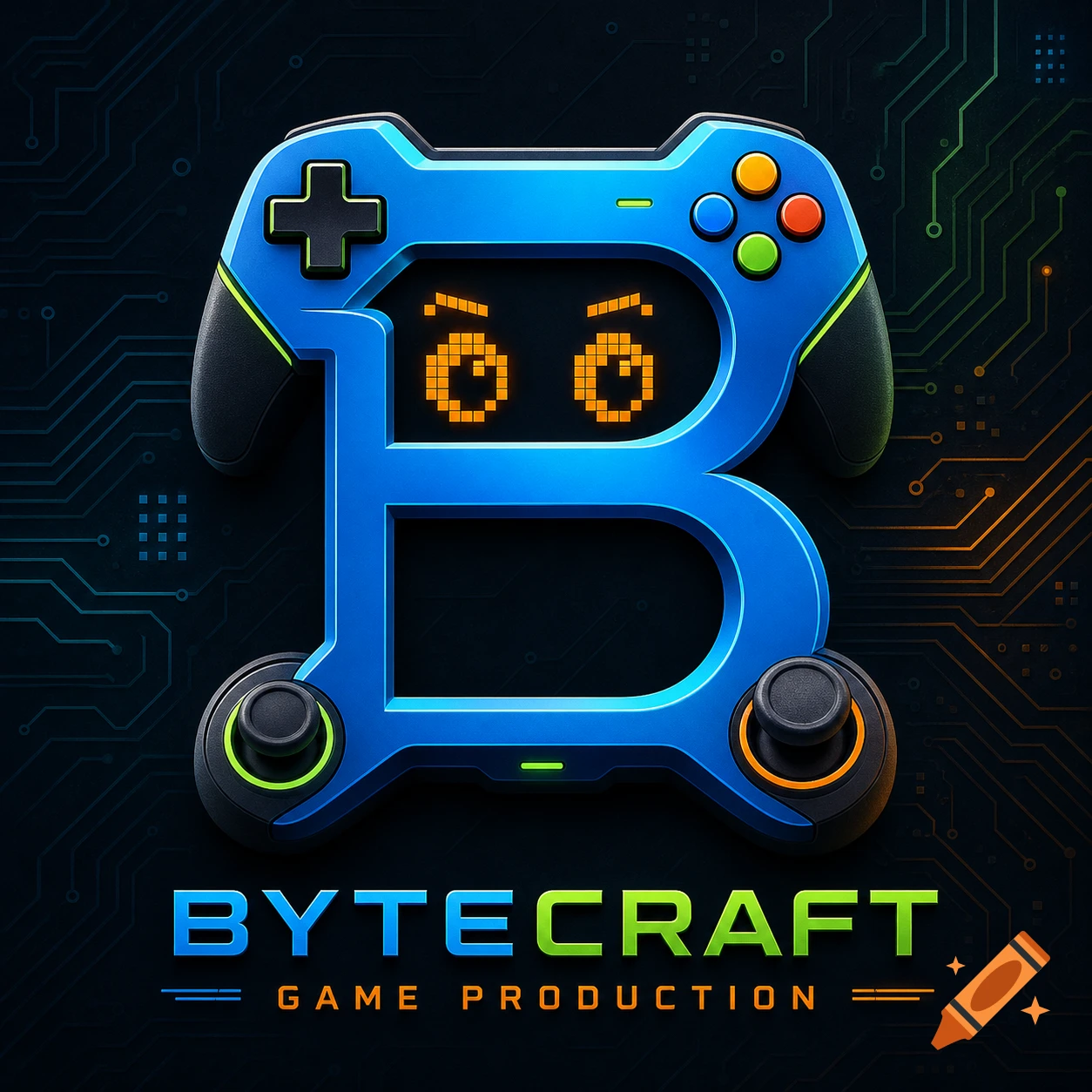 A blue letter B shaped like a game controller with digital eyes, on a circuit board background, with text "BYTECRAFT GAME PRODUCTION".