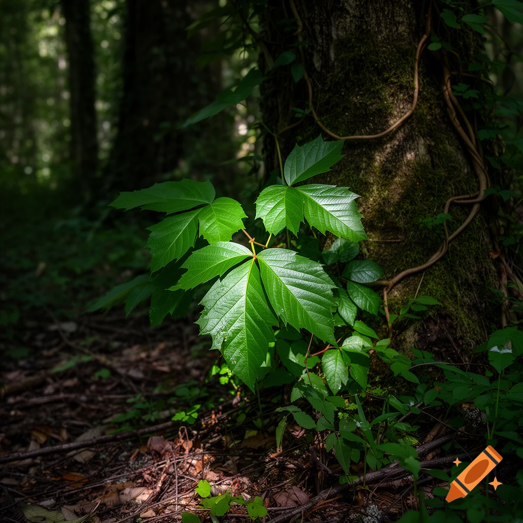 Bright green leaves, possibly poison ivy, lit by sunlight in a dark forest with a mossy tree.