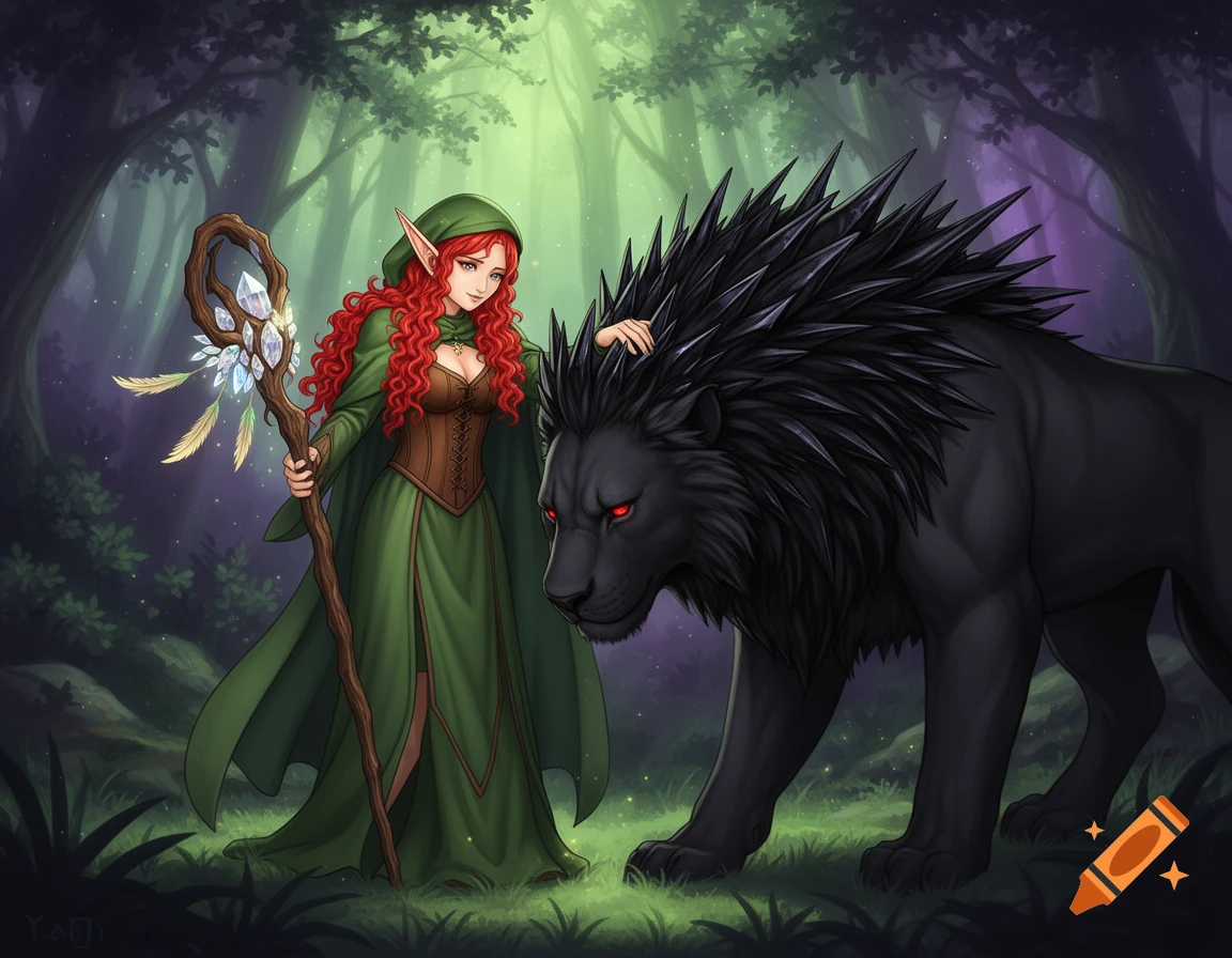 A red-haired elf in a green hooded cloak and brown corset, holding a crystal staff, pets a large black lion with red eyes and spiky mane in a mystical forest.