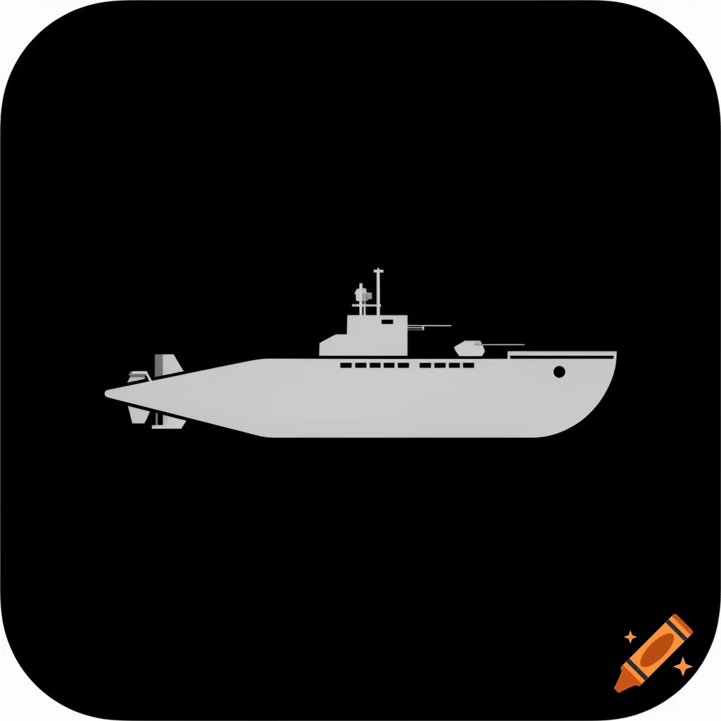 A minimalist, flat design app icon of a grey submarine, isolated on a black background.