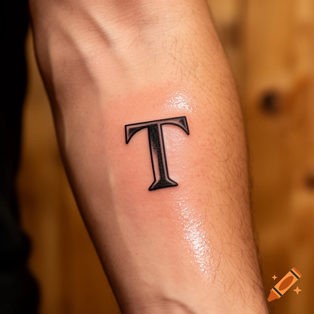 Close-up of a black, stylized capital letter 'T' tattooed on a person's forearm.