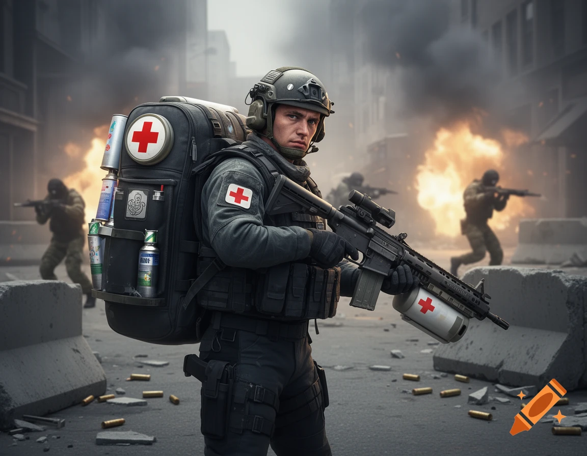 A combat medic in a warzone, wearing a helmet and tactical gear, carrying a large backpack with medical supplies, and holding a rifle. Explosions and other soldiers are in the smoky background amidst urban rubble.