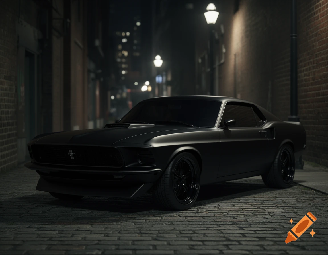 A sleek, all-black 1969 Ford Mustang with black wheels is parked on a cobblestone street in a dark alley at night, photorealistic.