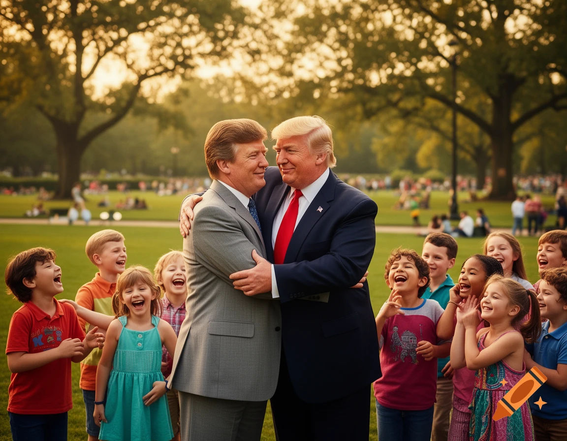 Robert F. Kennedy Jr. and Donald Trump hug while surrounded by a group of laughing children in a sunny park, photorealistic style.