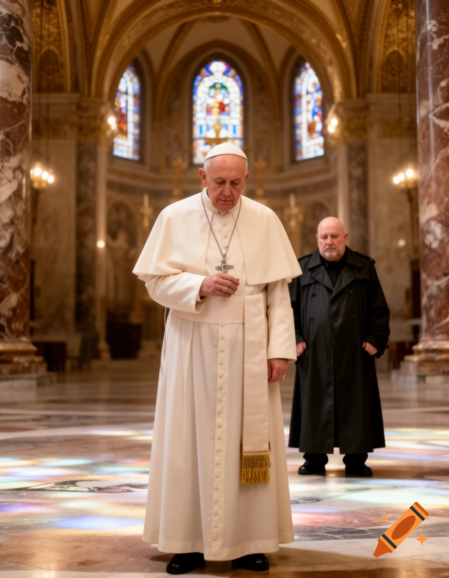 Pope Francis stands thoughtfully in a grand church, wearing white robes, with another man in a black coat in the background.