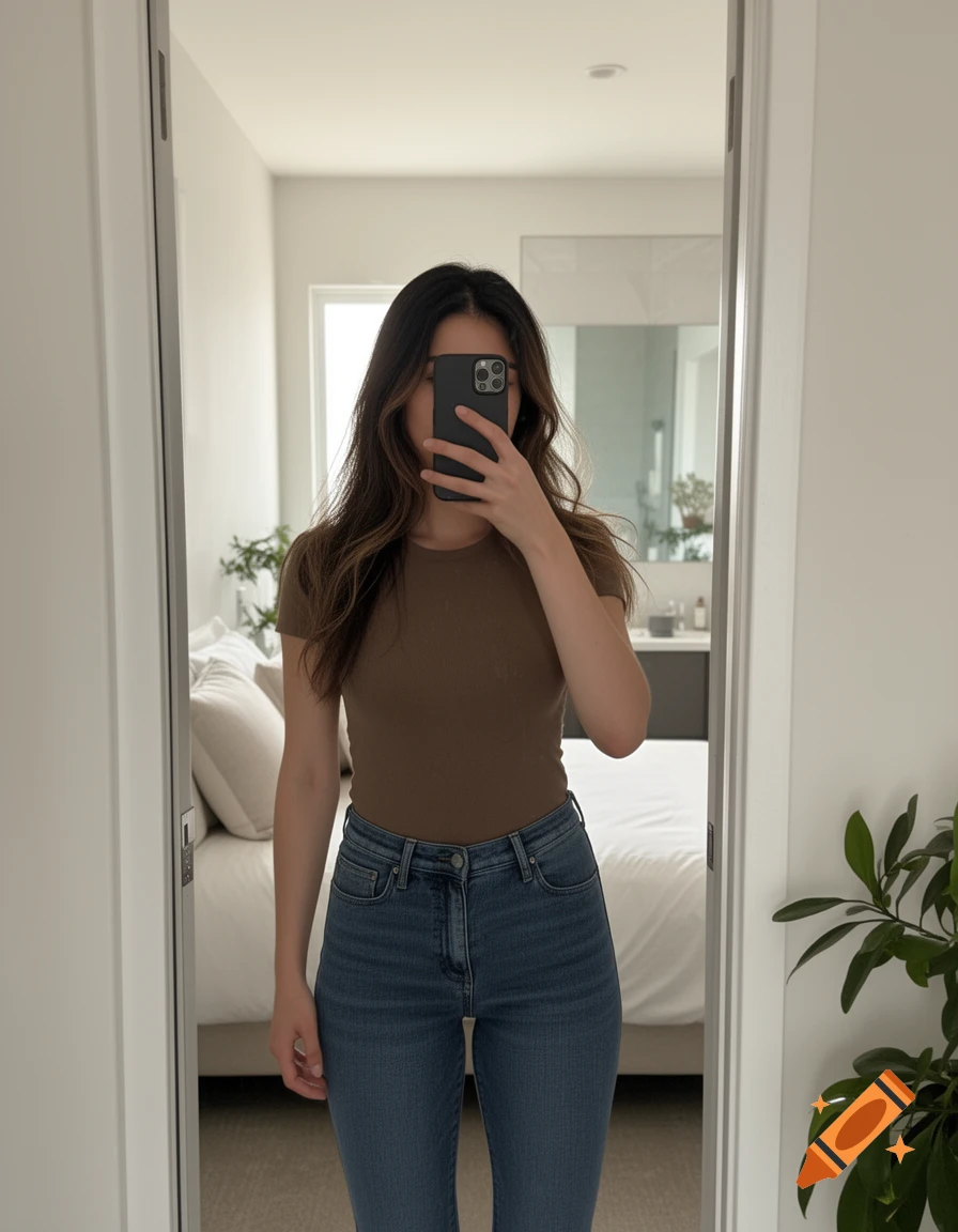 A photorealistic image of a woman in a brown t-shirt and jeans taking a mirror selfie in a bright room, her face hidden by her phone.