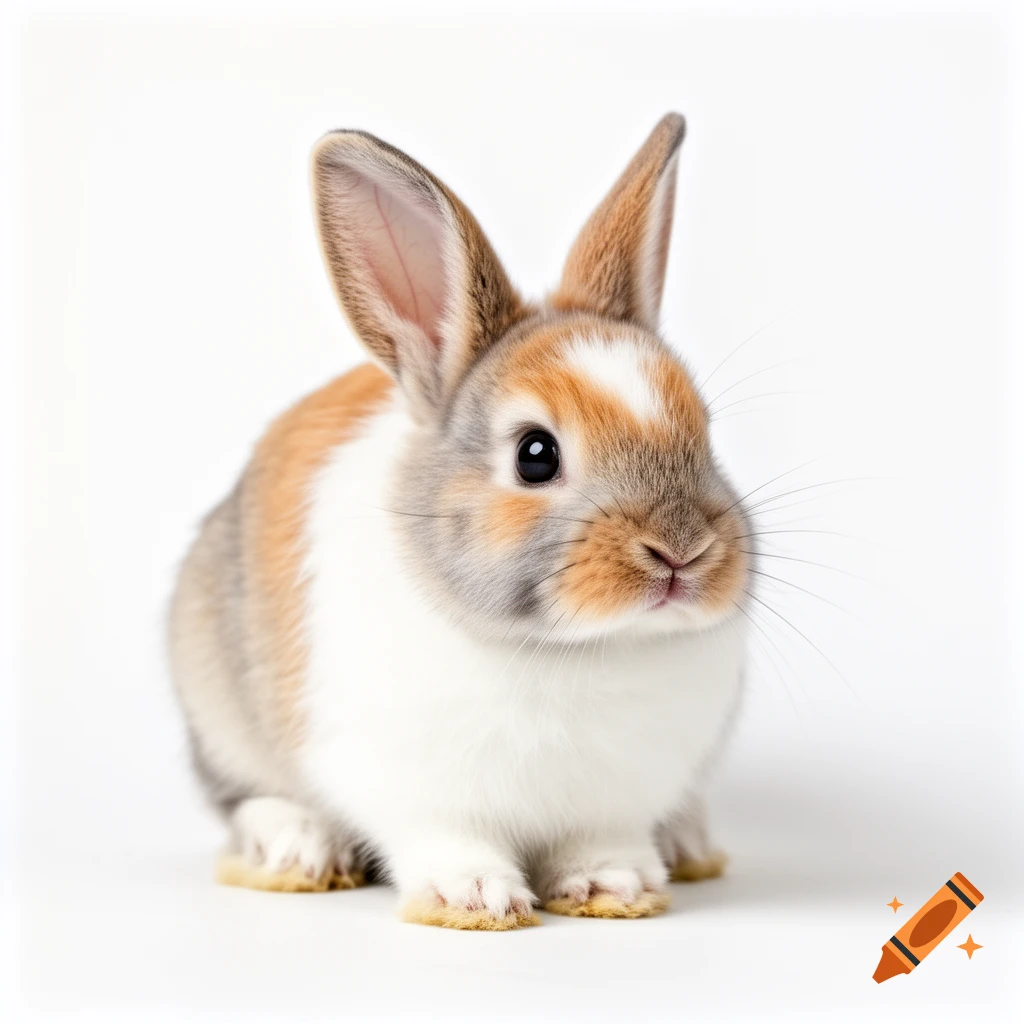 A fluffy white, brown, and orange baby rabbit with long ears sits on a white background.