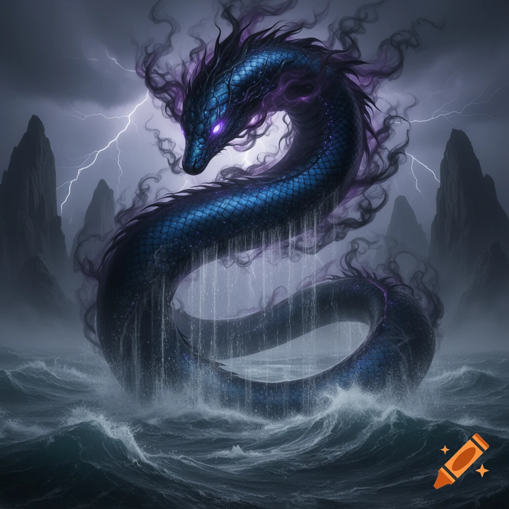 A colossal blue scaly leviathan with glowing purple eyes and dark smoke around its head emerges from a stormy, dark sea with lightning in the sky.