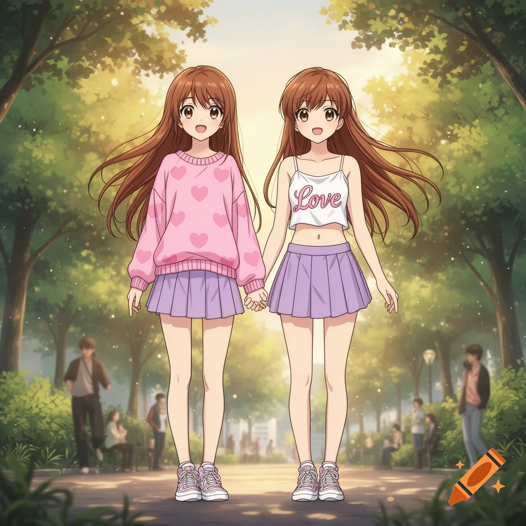 Two anime girls with long brown hair, one in a pink heart sweater and the other in a 'Love' crop top, hold hands in a sunny park.
