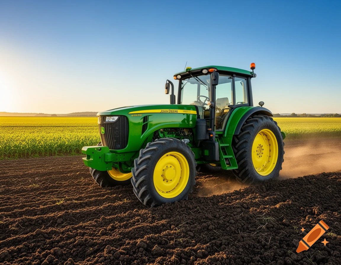 A green John Deere tractor drives through a field of tilled soil at sunset, with a golden crop field in the background.
