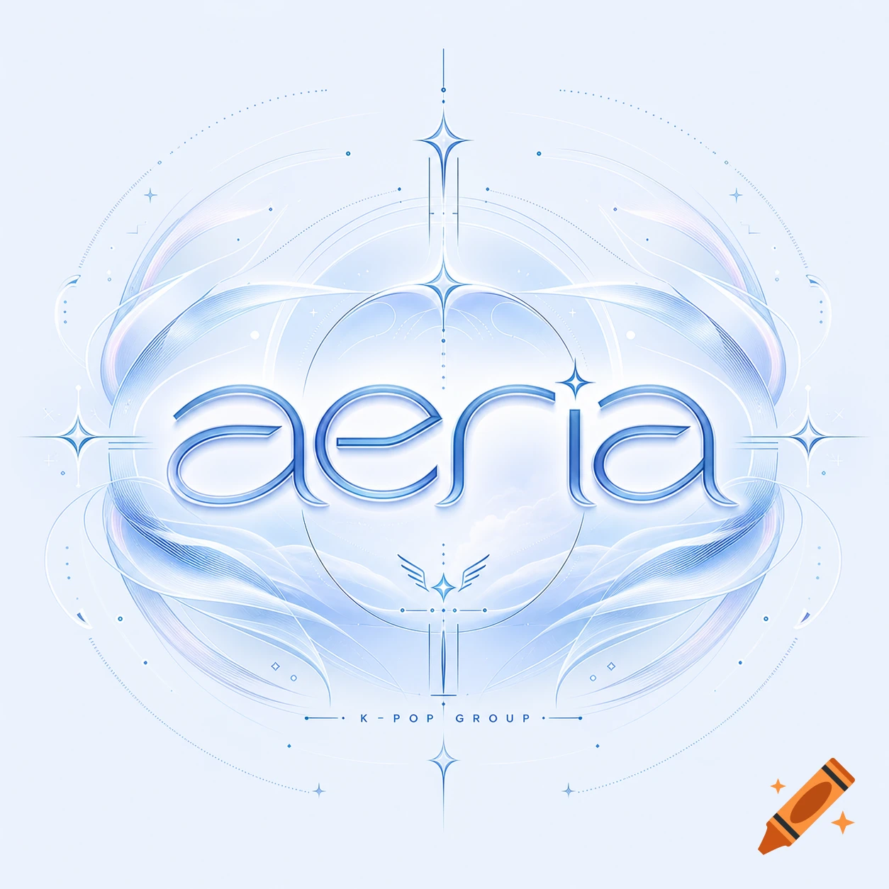 Futuristic pastel blue logo for a K-pop group named Aeria, featuring ethereal lines and stars.