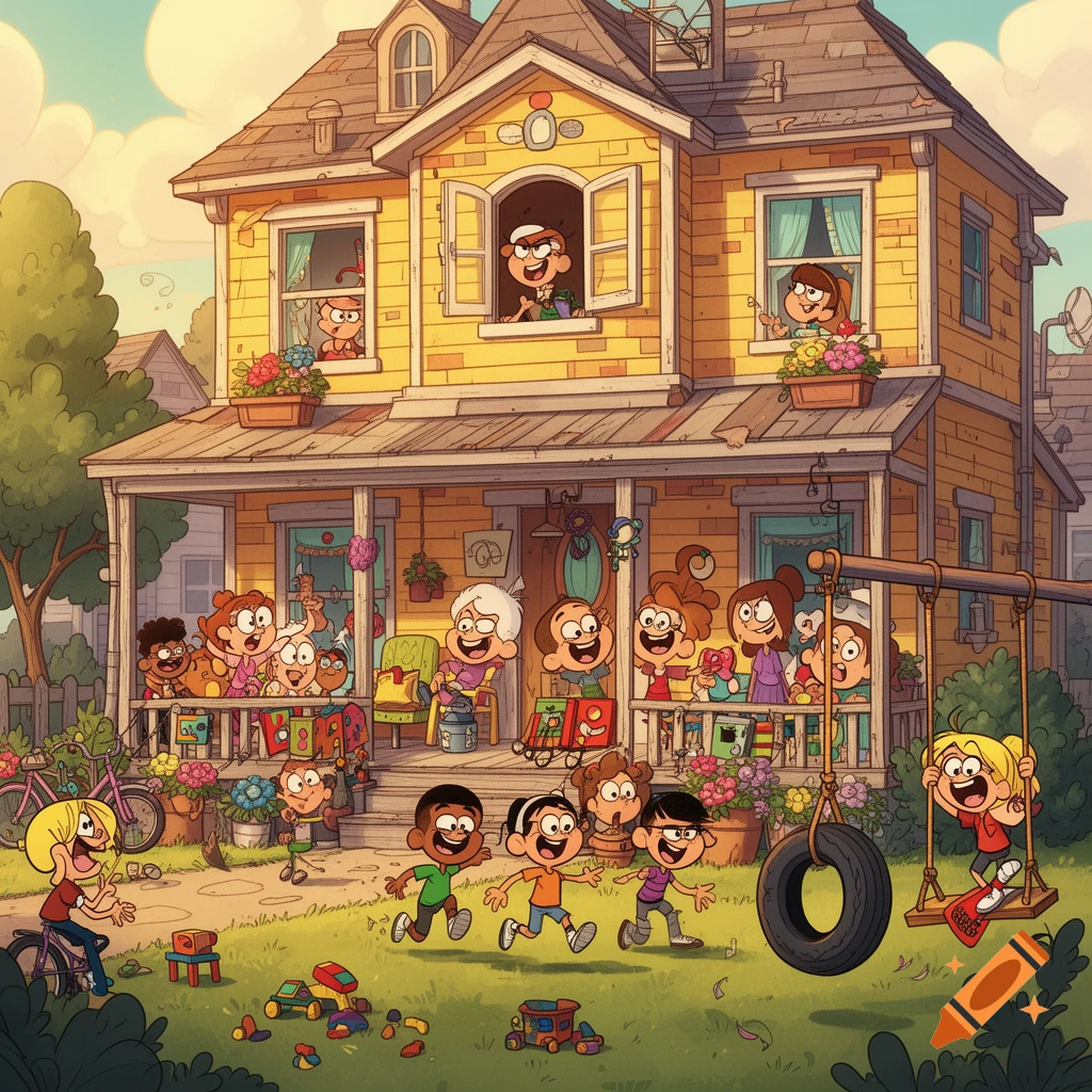 Numerous cartoon children playing around a yellow house. Some are on the porch, others in the yard with toys and a tire swing.