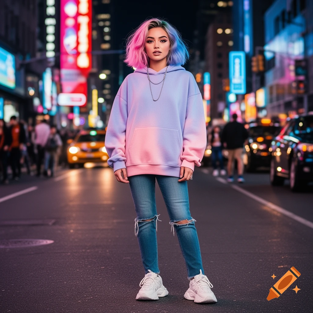 A young woman with pink and blue hair wears a gradient purple and pink hoodie, ripped jeans, and white sneakers, standing on a neon-lit city street at night.