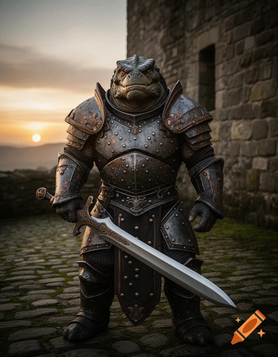 Photorealistic image of a reptilian warrior in medieval armor holding a sword, standing on cobblestones near a castle at sunset.