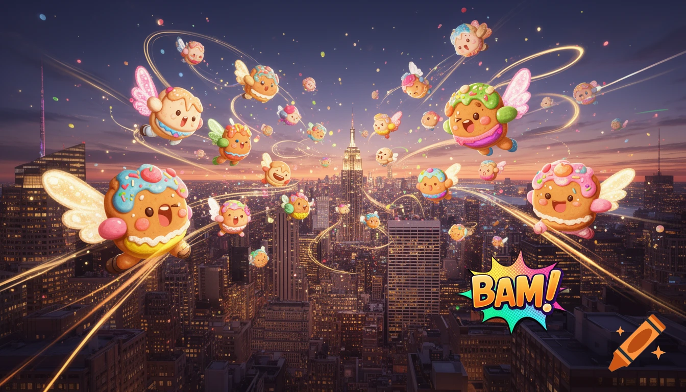 Cartoon cookie characters with wings fly over a New York City skyline at dusk, with light trails and a 'BAM!' comic speech bubble.